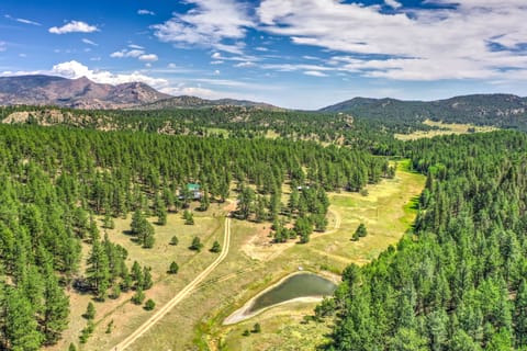 Aerial view of pond and cabin in white.