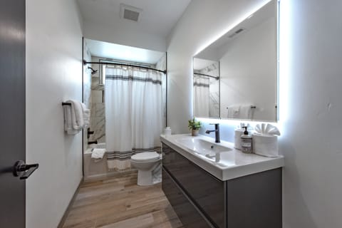 Combined shower/tub, hair dryer, towels