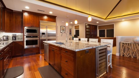 Gourmet kitchen with spices and oils and wine fridge