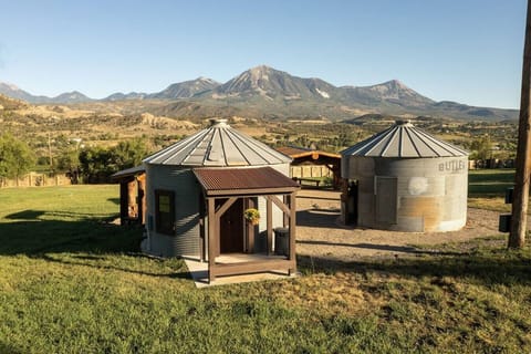 Aerial view of grain bin bath house just a few feet from Taylor's Depot