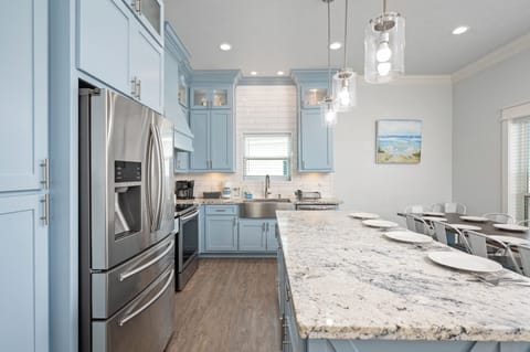 The cabinets are well equipped for large meals and include many small appliances