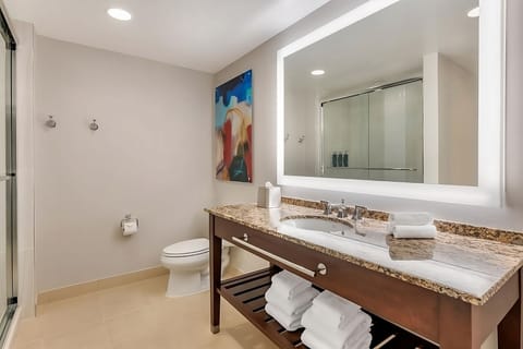 Combined shower/tub, hair dryer, towels