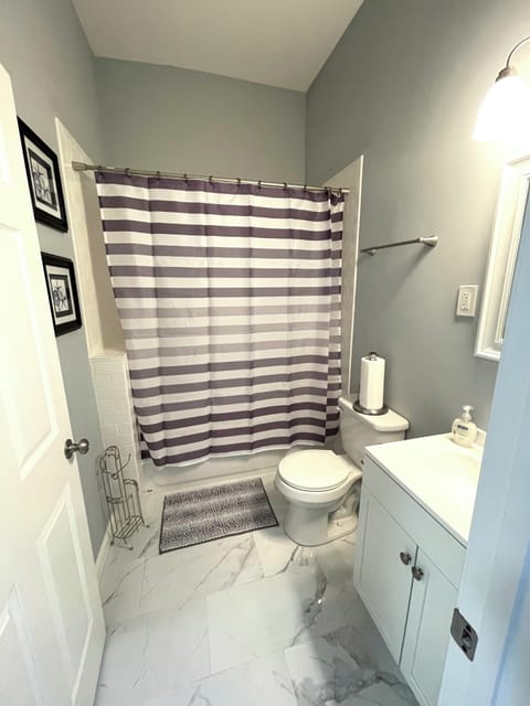 Combined shower/tub, hair dryer, towels, soap