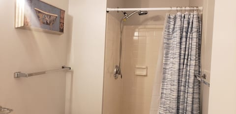 Combined shower/tub, hair dryer, towels, soap