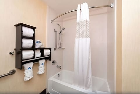 Combined shower/tub, hair dryer, towels