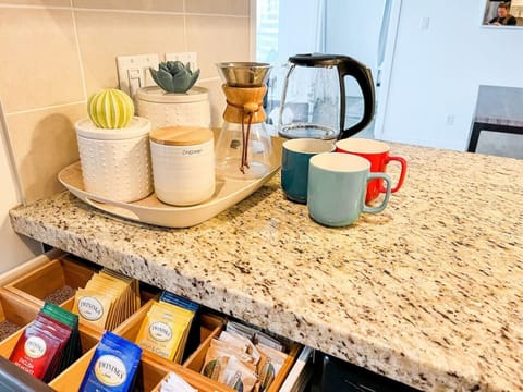 Wake up to your very own coffee station that includes regular coffee, decaffeinated coffee, powdered creamer (in case you haven`t had a chance to pick up the fresh stuff yet) and a selection of teas and sugar/sweeteners