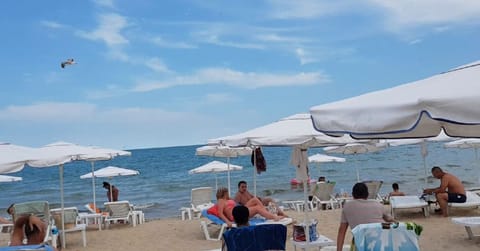 On the beach, sun loungers