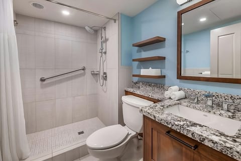 Combined shower/tub, hair dryer, towels