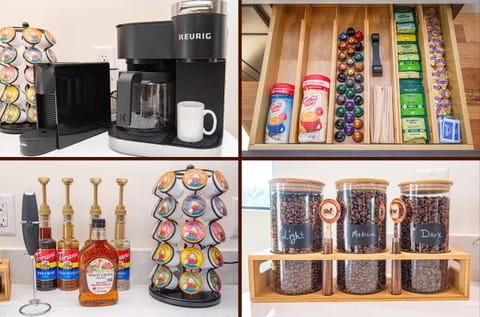 Coffee Bar with Nespresso, Keurig Single and Pot brew, French Press, Light/Medium/Dark Coffee Beans, Various Syrups, Condiments, sweeteners,.salt, Sugar, Spices, Aluminium Foil, Green Tea, Creamer and more..