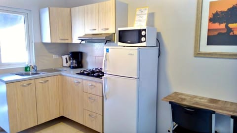 Fridge, microwave, stovetop, coffee/tea maker