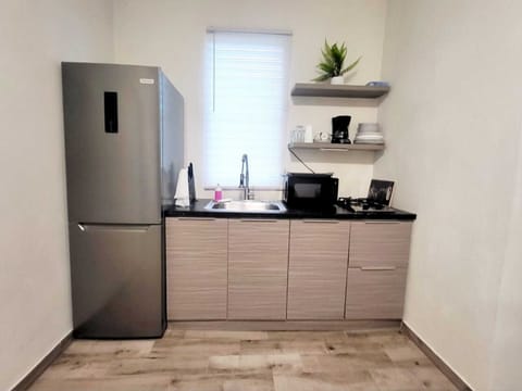 Fridge, microwave, stovetop, coffee/tea maker