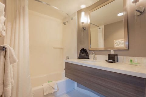 Combined shower/tub, hair dryer, towels