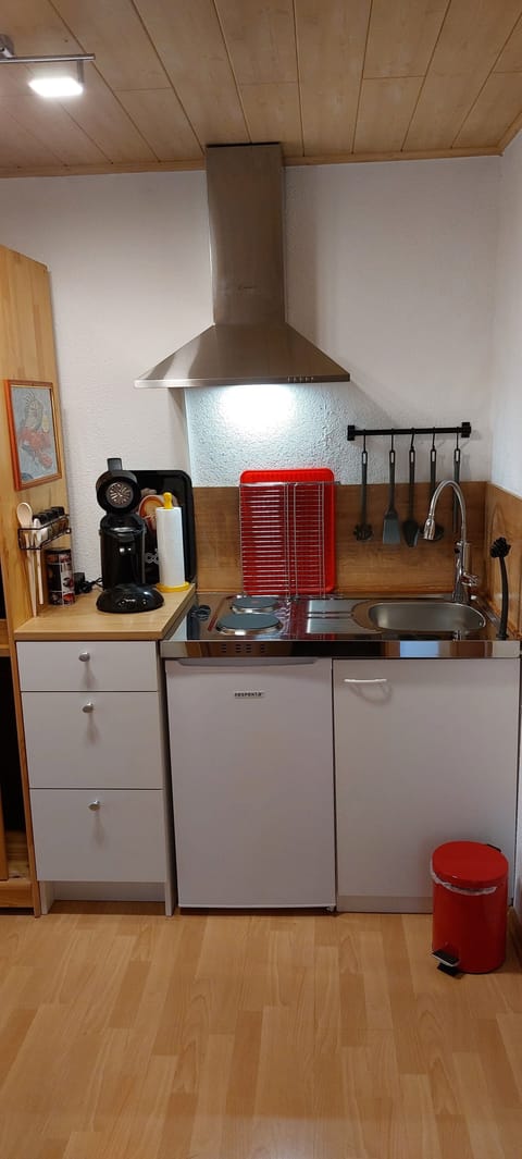 Fridge, stovetop, coffee/tea maker, electric kettle