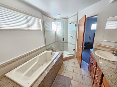 Jetted tub, hair dryer, towels