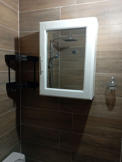 Combined shower/tub, hair dryer, towels, soap