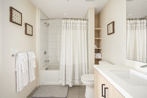 Combined shower/tub, hair dryer, towels, soap