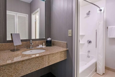 Combined shower/tub, hair dryer, towels