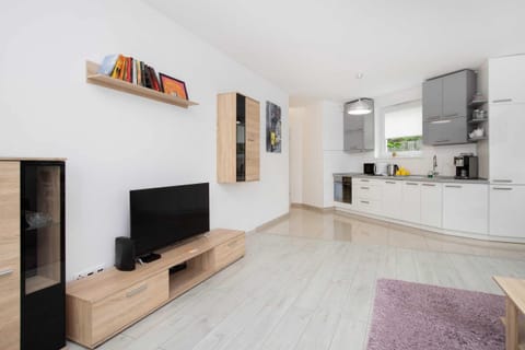 A cozy living room with a gray sofa, colorful cushions, and a bright window bringing in natural light.