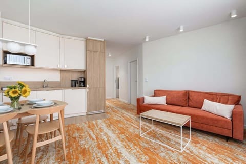 Living room with a comfortable sofa, TV, kitchenette and exit to the balcony