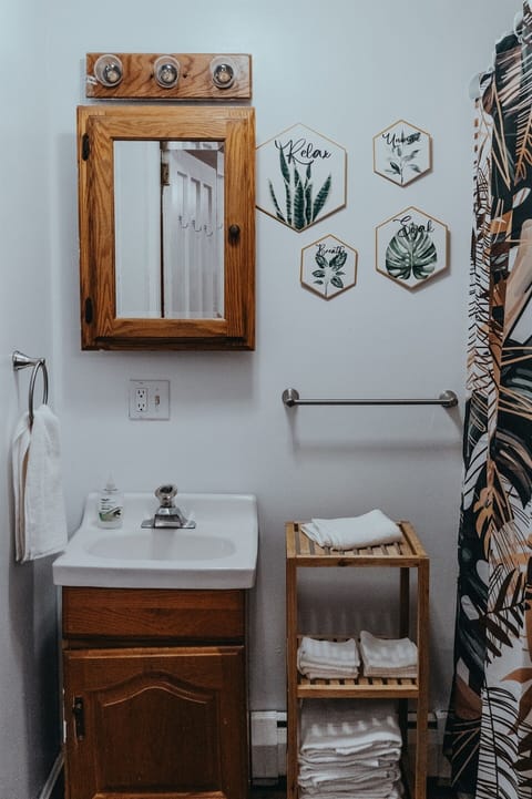 Combined shower/tub, hair dryer, towels