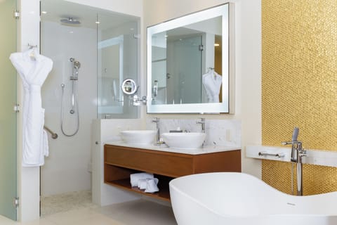 Shower, jetted tub, hair dryer, towels