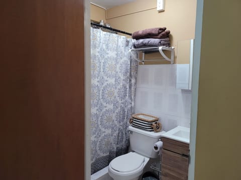 Combined shower/tub, towels, soap, toilet paper