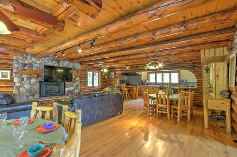 Spacious dining area with seating area and fireplace
