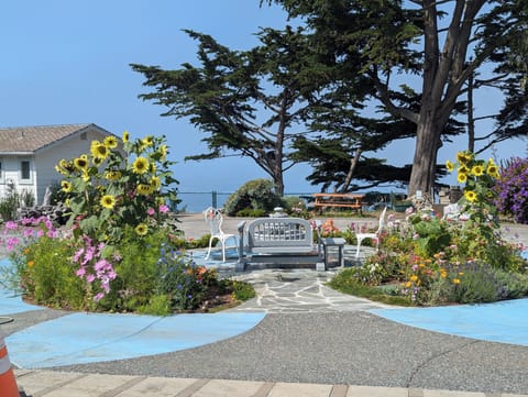 There's a swinging loveseat in the front courtyard with an ocean view.