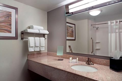 Combined shower/tub, hair dryer, towels