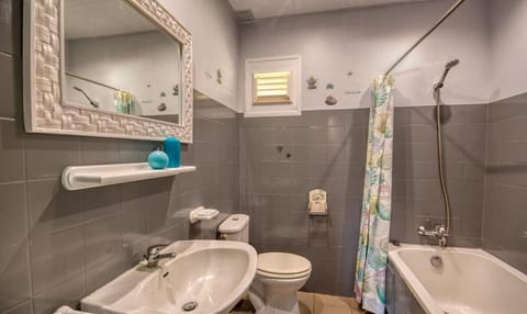 Combined shower/tub, hair dryer, towels