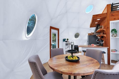 View from the dining table looking at the kitchen.