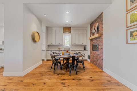 Fireplace next to the breakfast nook.