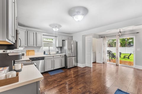 Kitchen with view of backyard