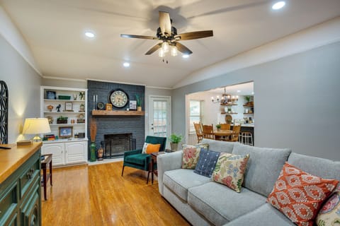 TV, fireplace, books