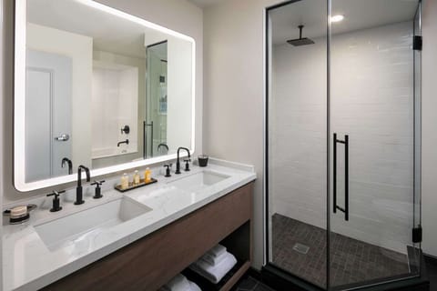 Combined shower/tub, hair dryer, towels