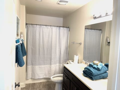 Combined shower/tub, towels, toilet paper