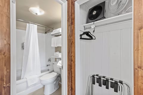 Combined shower/tub, hair dryer, towels