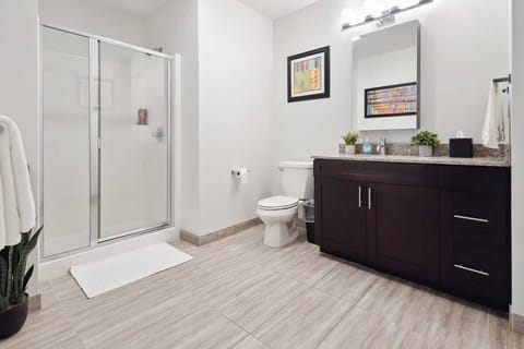 Combined shower/tub, eco-friendly toiletries, hair dryer, shampoo