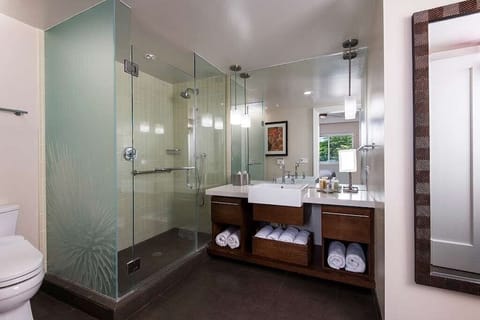 Combined shower/tub, hair dryer, towels, soap