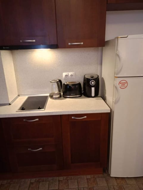 Fridge, microwave, stovetop, cookware/dishes/utensils