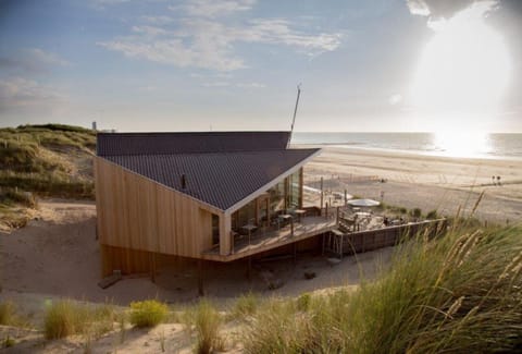 On the beach, sun loungers