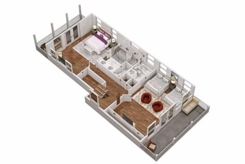 Second Floor 3D Rendering - King bedroom with private bathroom, two queen beds with private bathroom