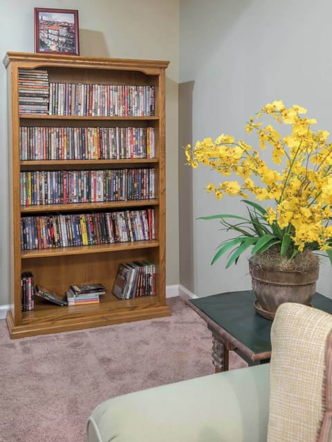 Explore a vast collection of DVDs in the lower-level entertainment area.