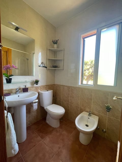 Combined shower/tub, hair dryer, bidet, towels