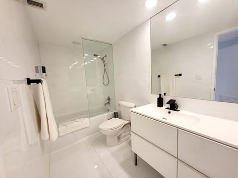 Combined shower/tub, eco-friendly toiletries, hair dryer, bidet