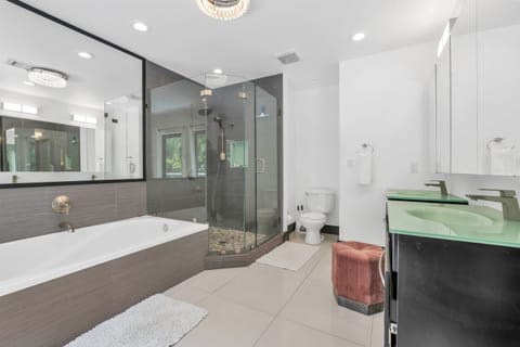 Combined shower/tub, hair dryer, towels