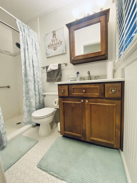 Combined shower/tub, hair dryer, towels, soap