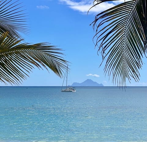 On the beach, sun loungers, beach towels