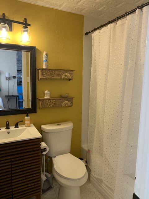 Combined shower/tub, hair dryer, towels, soap