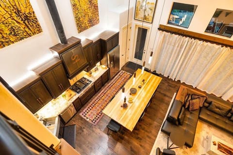 View from the stairs overlooking the kitchen area 